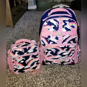 Pottery Barn Rolling Backpack With Mathcing Lunch Bag, Navy Rainbow Unicorns.